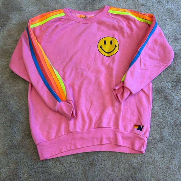 Aviator Nation Hot Pink Neon 5 Stripe Smiley Set Crewneck Sweatshirt Sweatpants - Picture 2 of 14